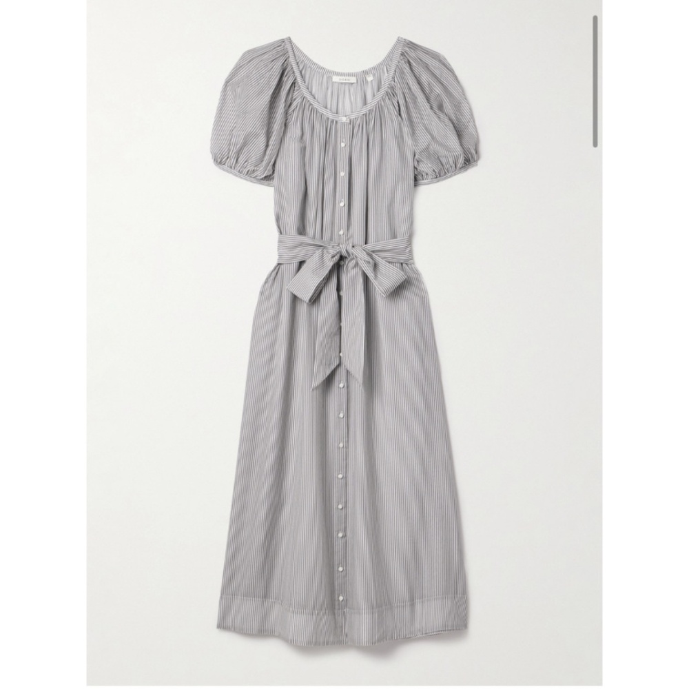 Doen Light Gray Pinstripe Midi Dress with Tie Waist